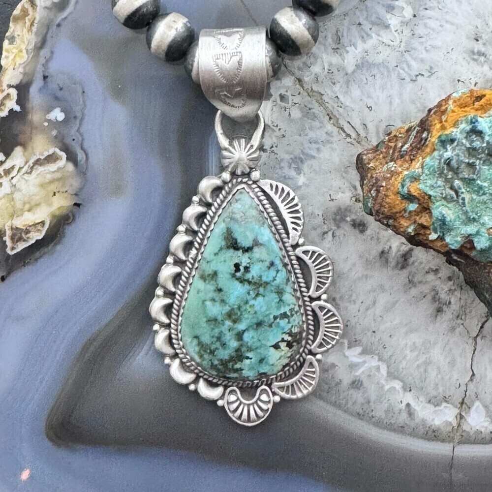 Sterling Silver Southwestern Style Teardrop Royston Turquoise Decorated Pendant